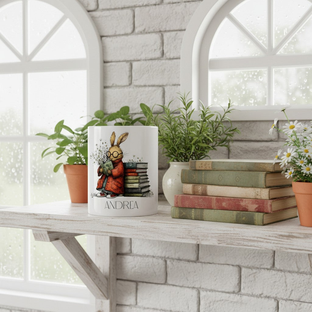 Decorative book mug with a hare illustration on a shelf with plants and books.