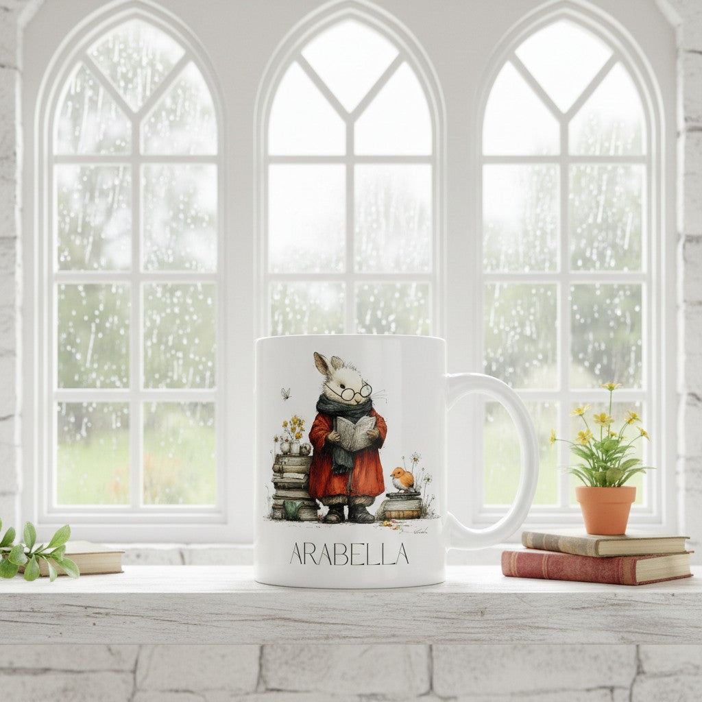 White mug with a hare character design on a windowsill with a potted plant and books.