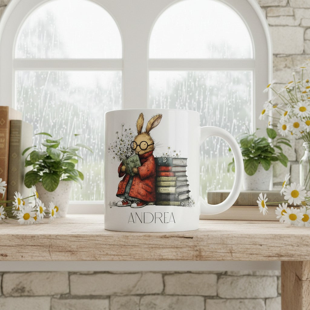 Mug with a hare design and 'Andrea' branding on a wooden table with decorative elements.