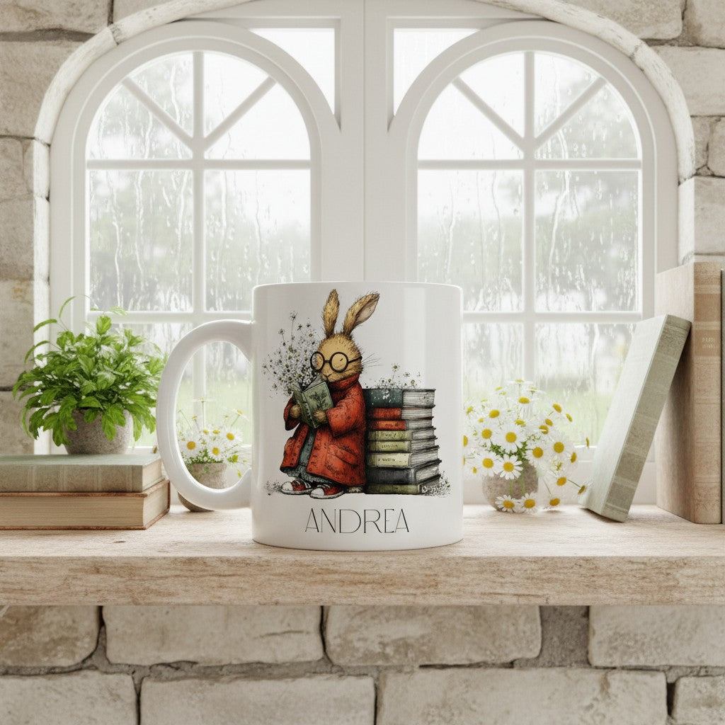 Mug with a hare design and 'Andrea' branding on a windowsill with decorative items.