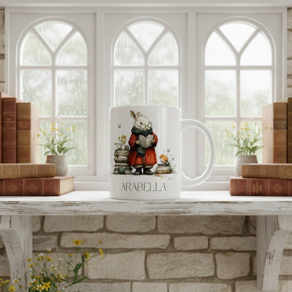 White mug with a hare character design on a table in a room with large windows and books.