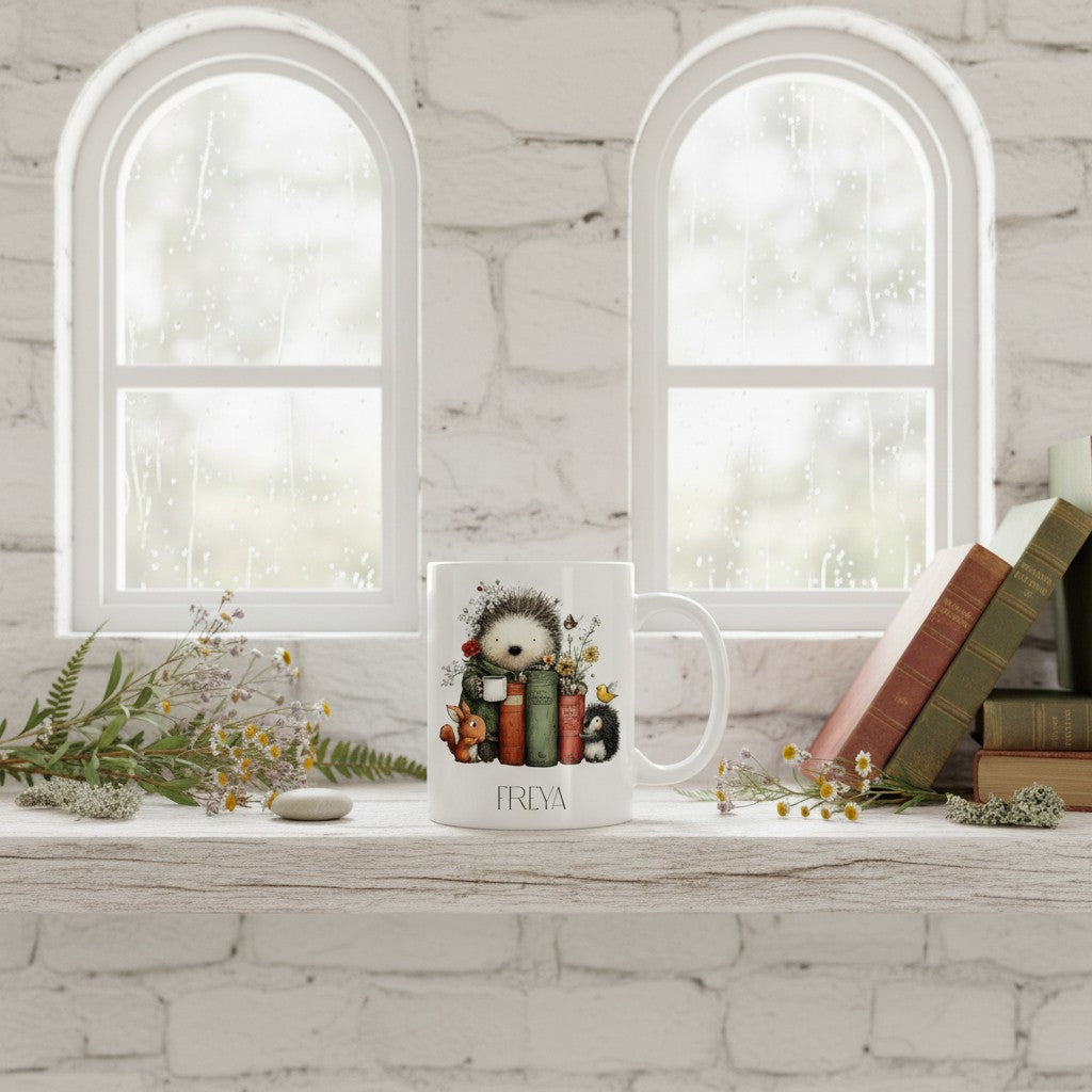 Mug with a design of a hedgehog and books on a windowsill with books and plants.