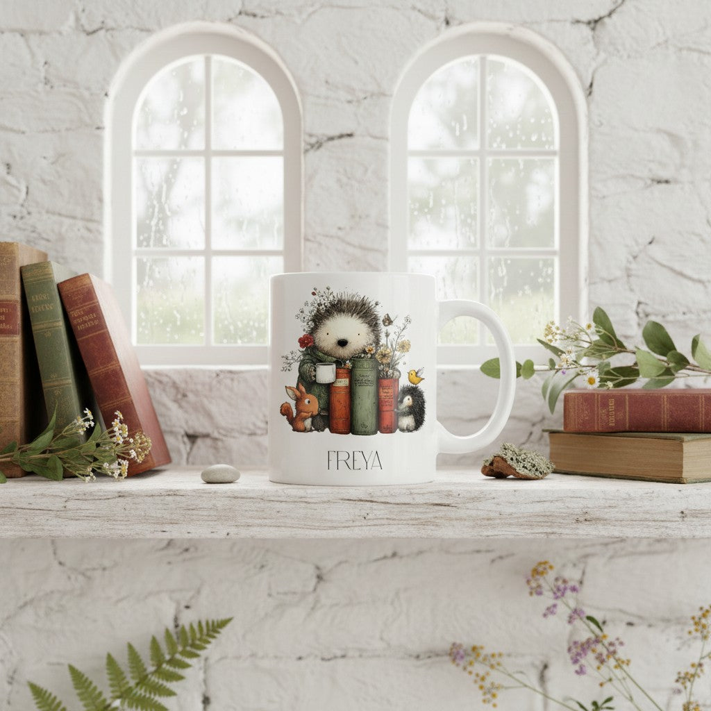White mug with hedgehog design and 'Freya' text on a marble surface with books and plants.