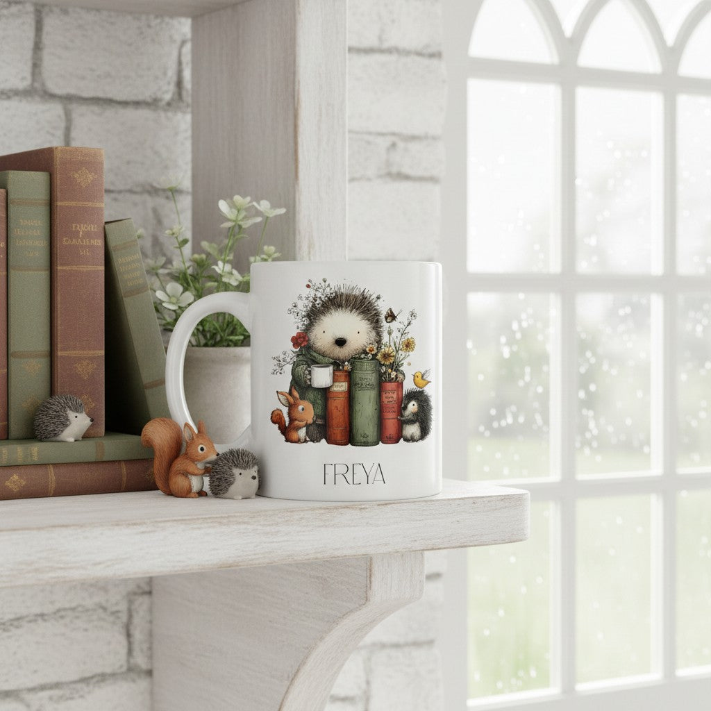 Mug with hedgehog illustrations on a shelf with books and plants