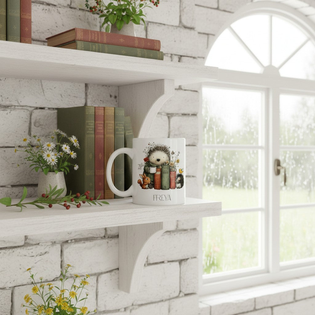 Mug with a hedgehog design on a shelf with books and flowers, window in the background