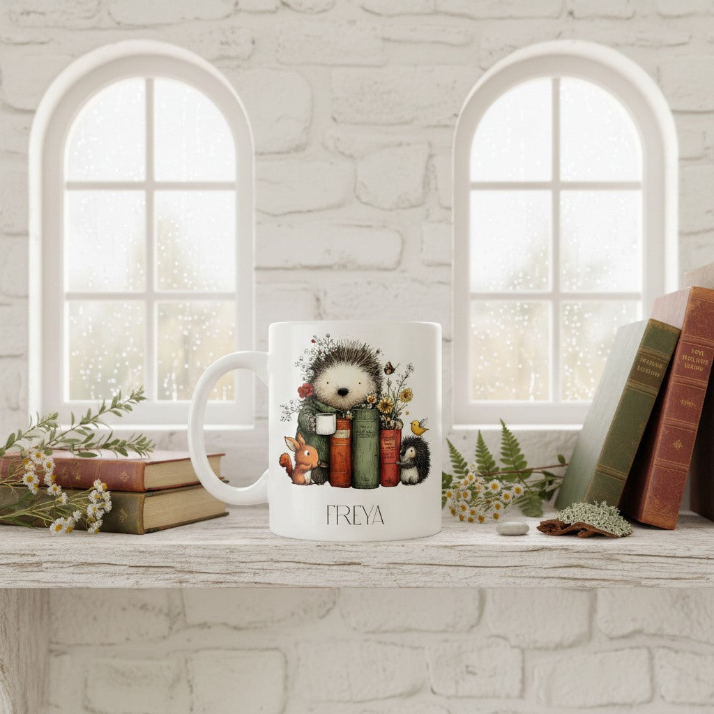 Mug with hedgehog design and 'FREYA' branding on a windowsill with books and plants.
