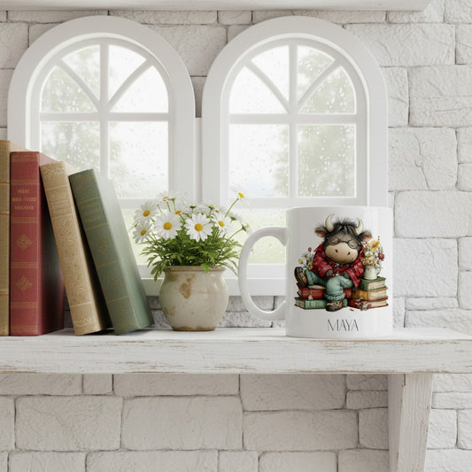Decorative shelf with books, highland cow mug against a stone wall with arched windows.