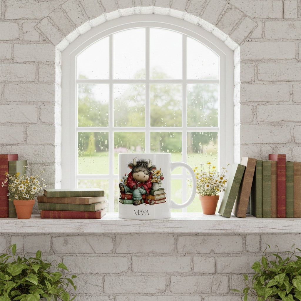 Cup with a highland cow design on a windowsill with books and plants