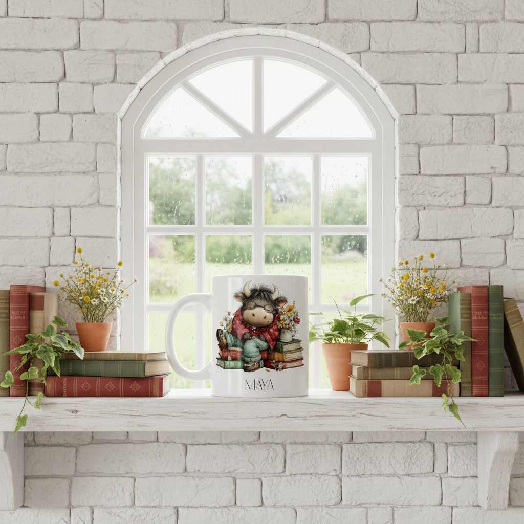 Decorative shelf with books, plants, and a mug featuring a cartoon highland cow  character against a stone wall.
