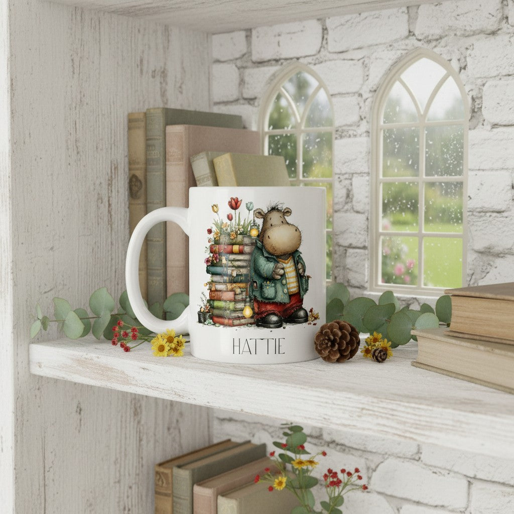 Mug with a hippo design on a shelf with books and decor