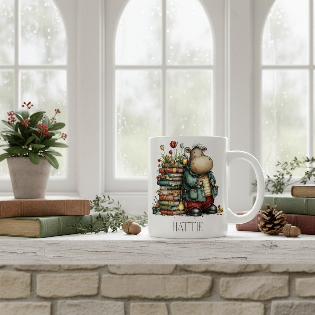 Mug with a hippo cartoon character and 'Hattie' branding on a windowsill with books and plants.