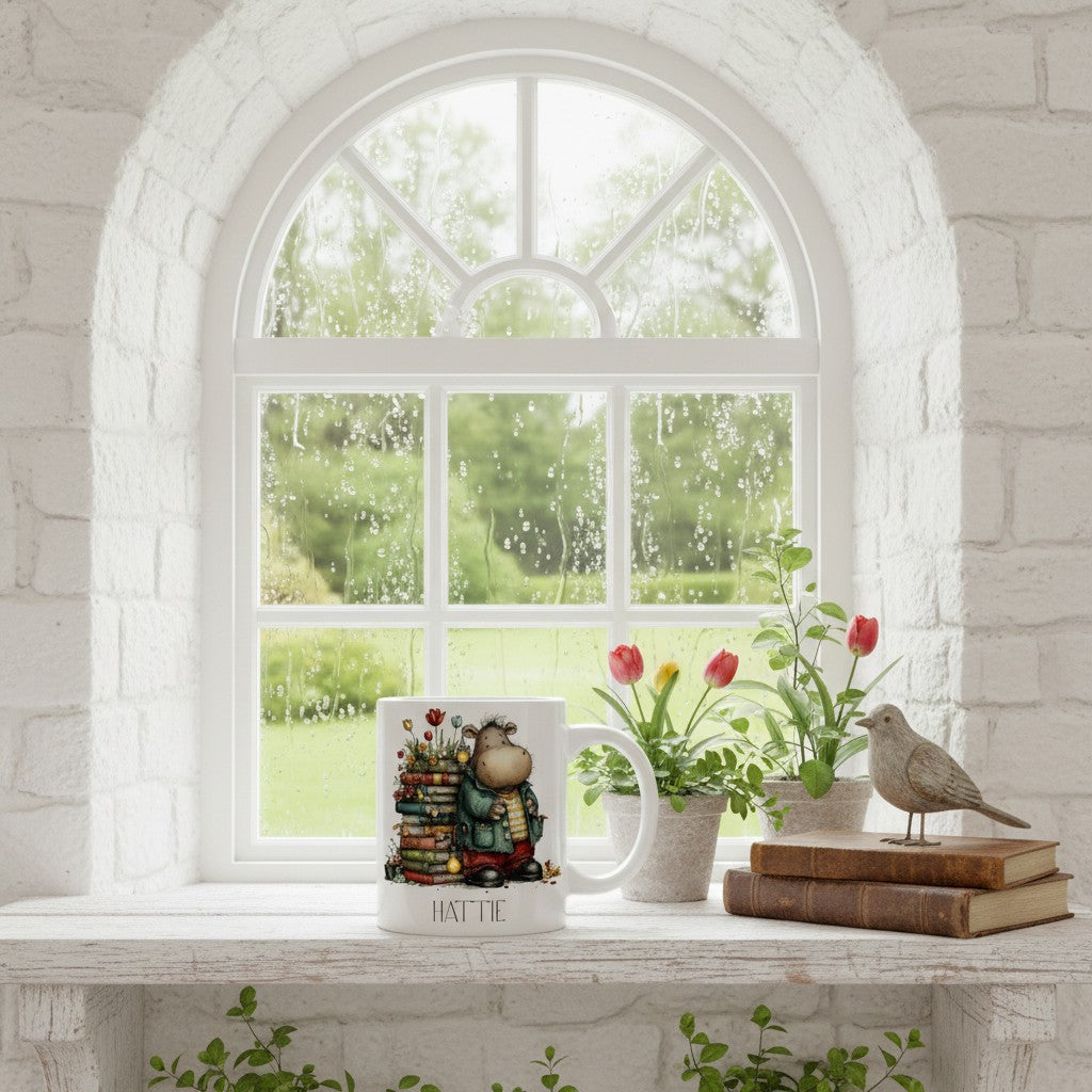 Decorative items and bookish hippo mug on a windowsill with a view of greenery outside.