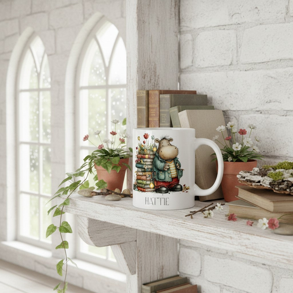 White mug with a cartoon hippo design on a wooden surface with books and plants.