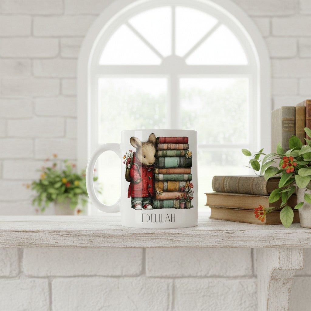 Mug with a mouse design and books on a white surface with a window in the background
