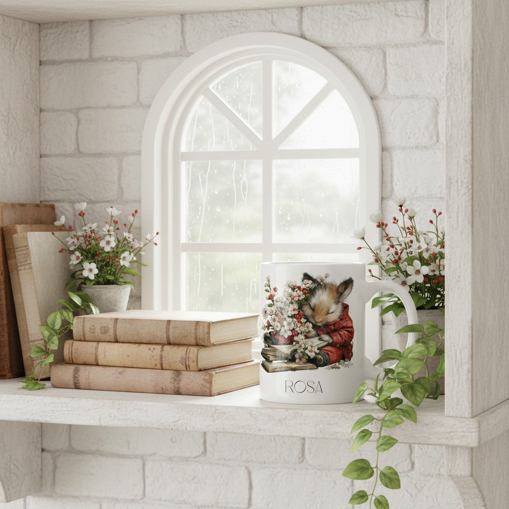 Mug with a mouse design on a shelf with books and flowers in a room with a stone wall.