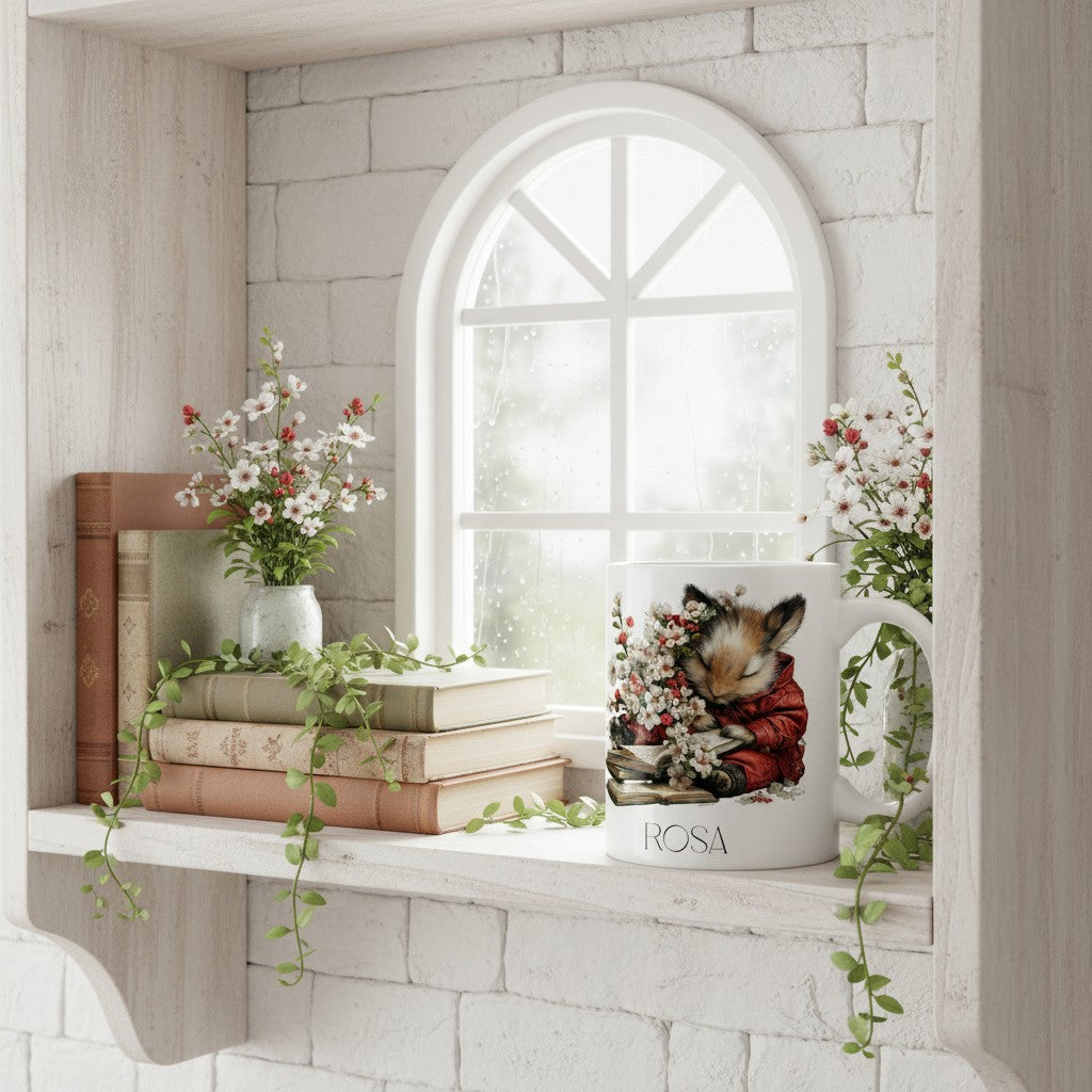 Ceramic mug with a mouse design on a shelf with books and flowers
