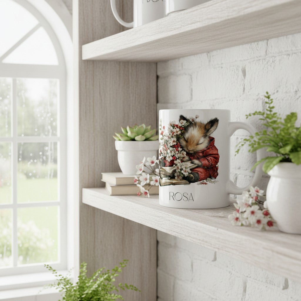 Mug with a mouse design on a shelf with plants and books