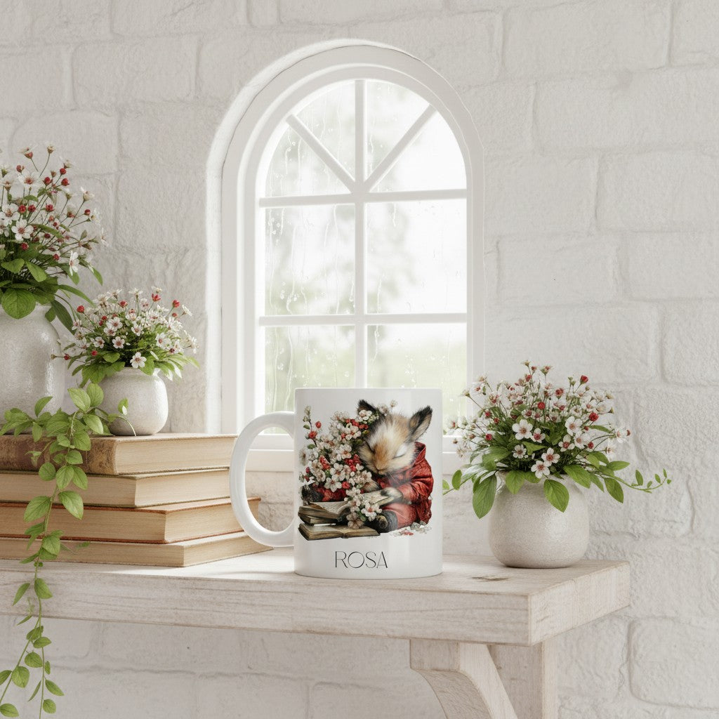 Mug with a mouse design on a table with books and flowers, against a white brick wall.