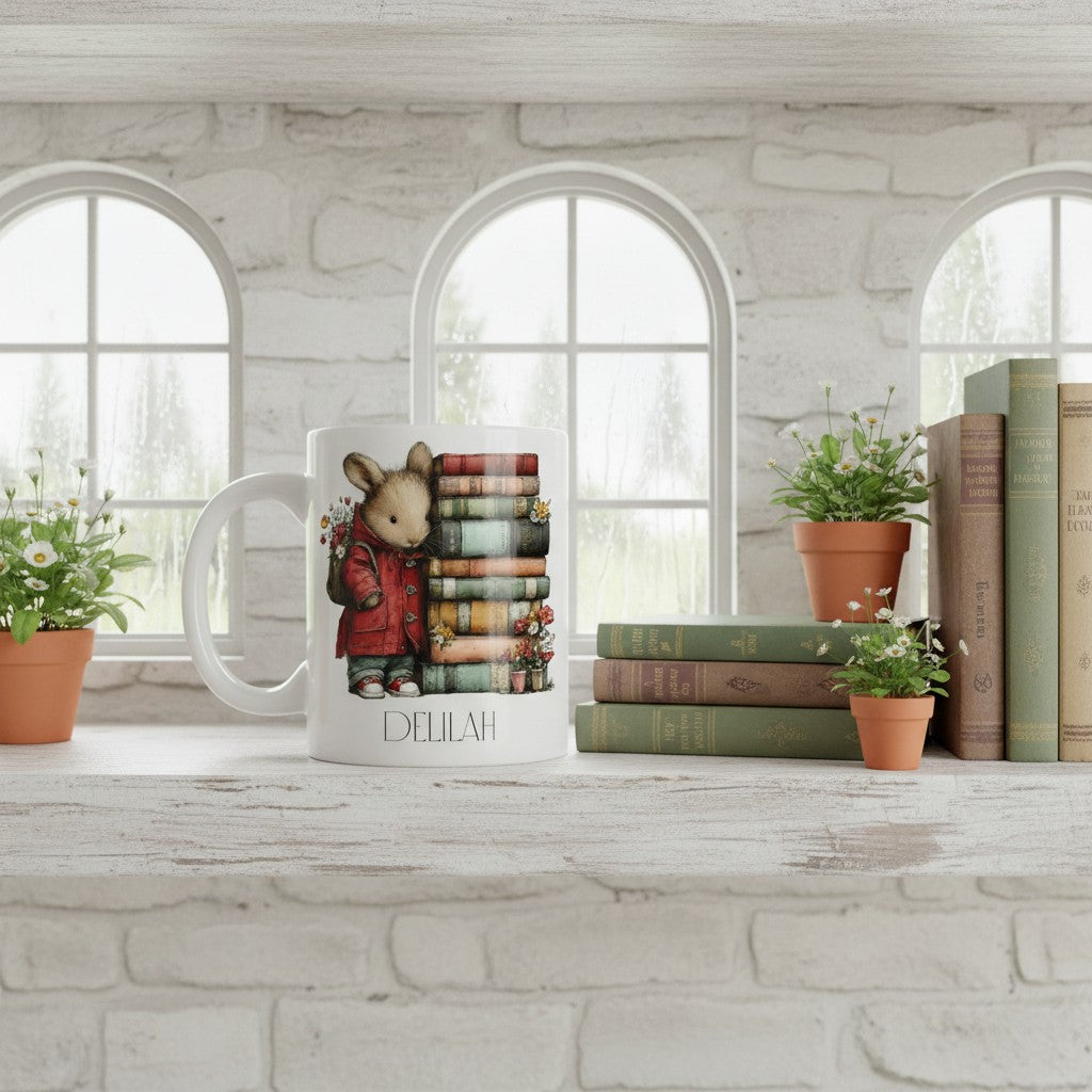 Mug with a mouse character design on a windowsill with books and plants