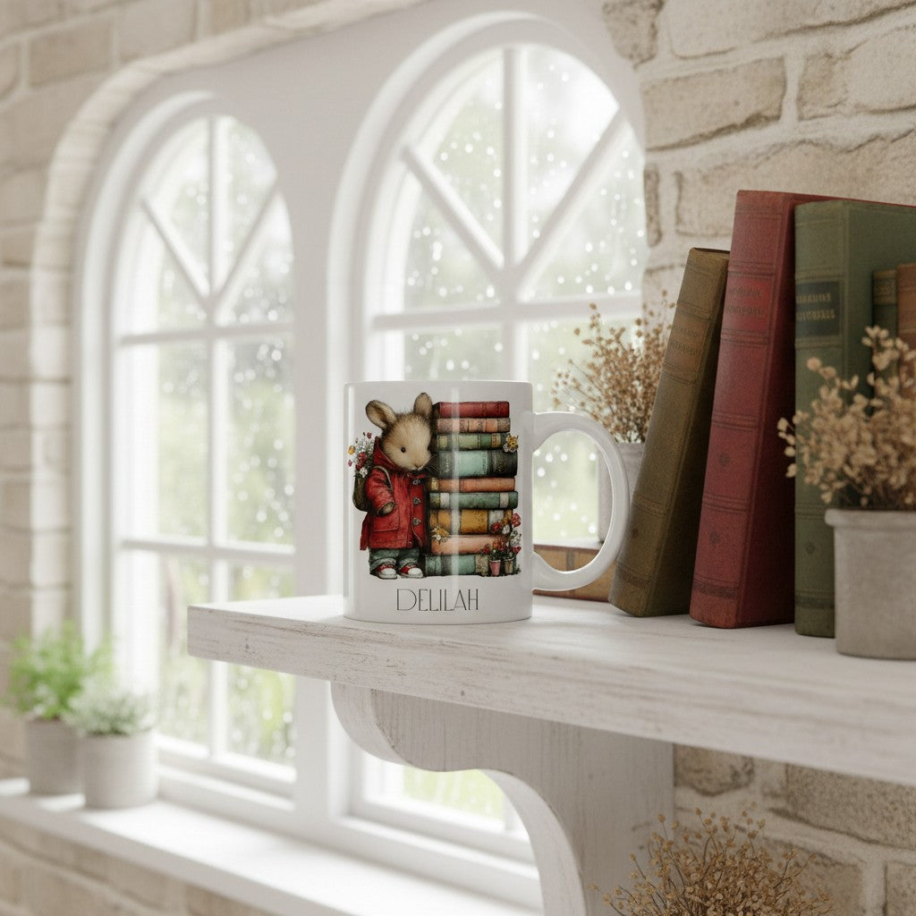 Mug with a mouse design on a white shelf against a stone wall and window background