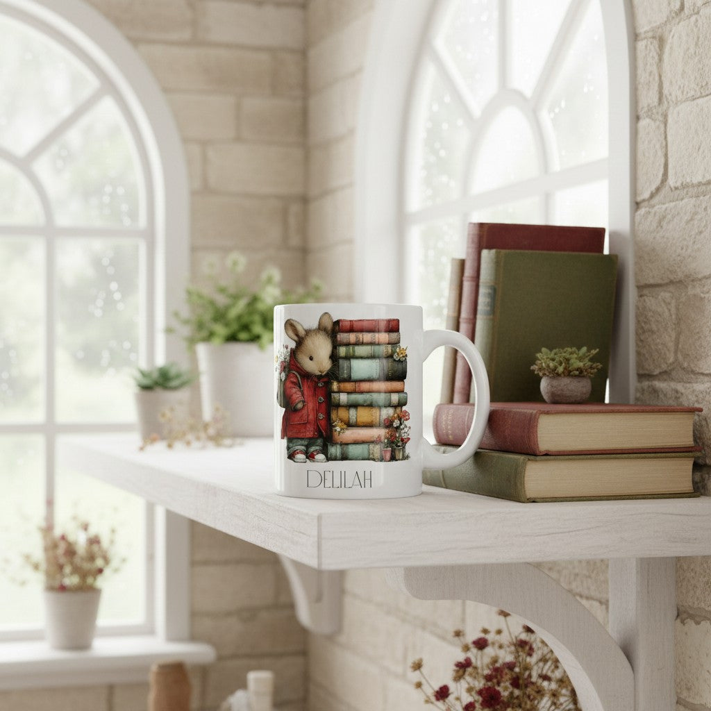 Mug with a mouse design on a table with books and plants