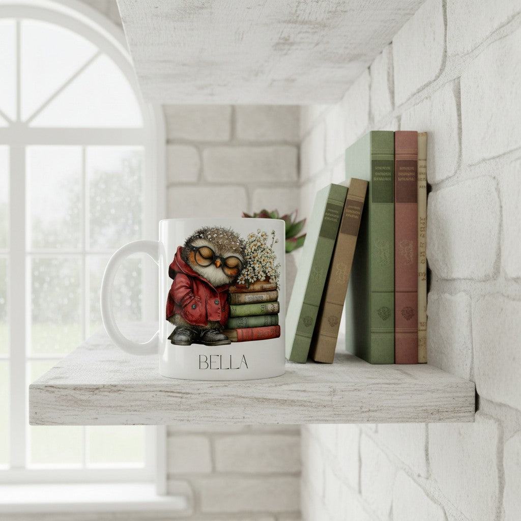 Ceramic mug with an owl design wearing glasses and a red coat on a shelf with books.
