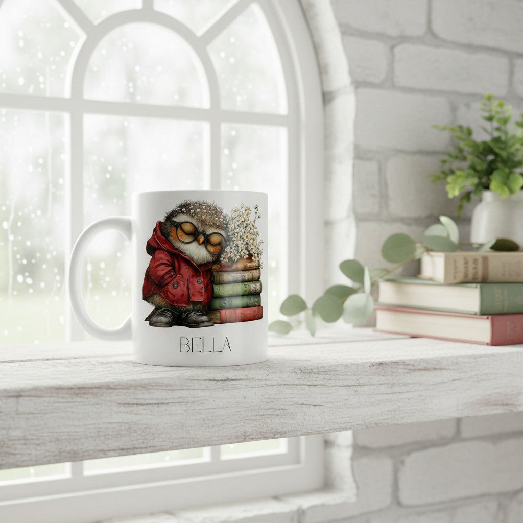 Mug with a design of an owl wearing glasses and a red coat, standing on a windowsill with books and plants.