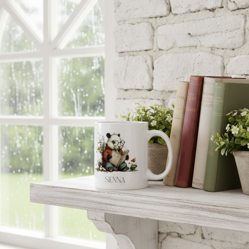 White panda mug with a design on a shelf next to books and plants