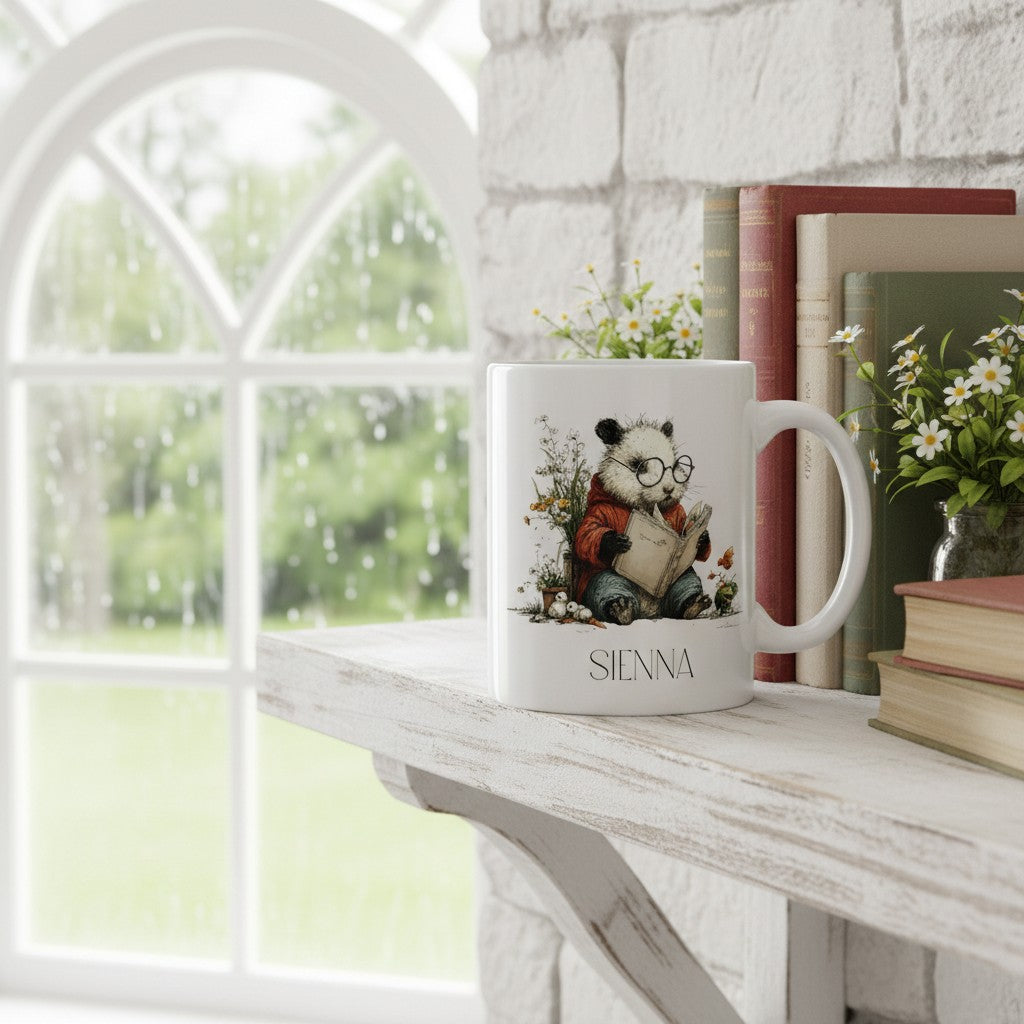 White mug with a panda bookish design on a white surface near a window