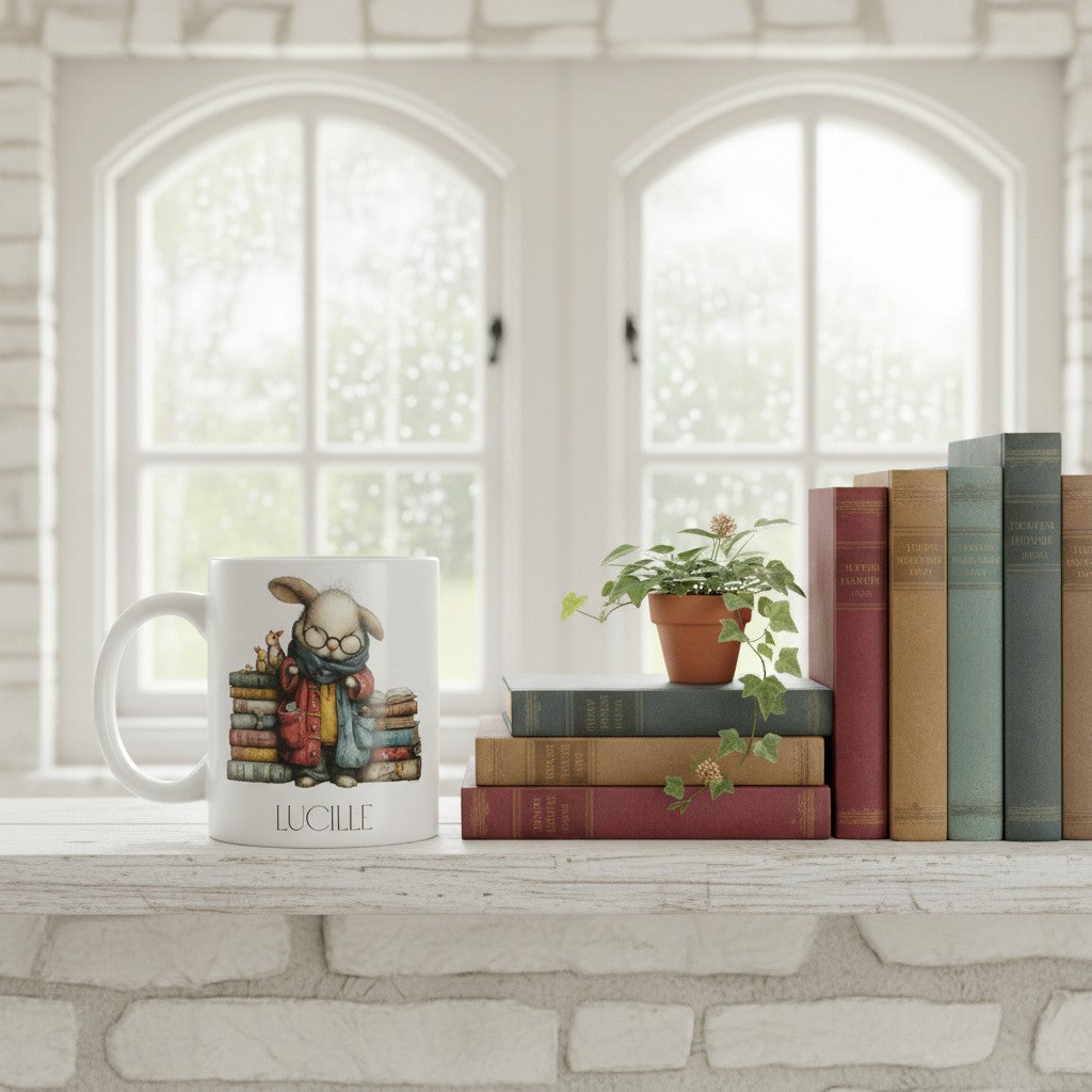 White mug with a rabbit design on a windowsill with books and a plant