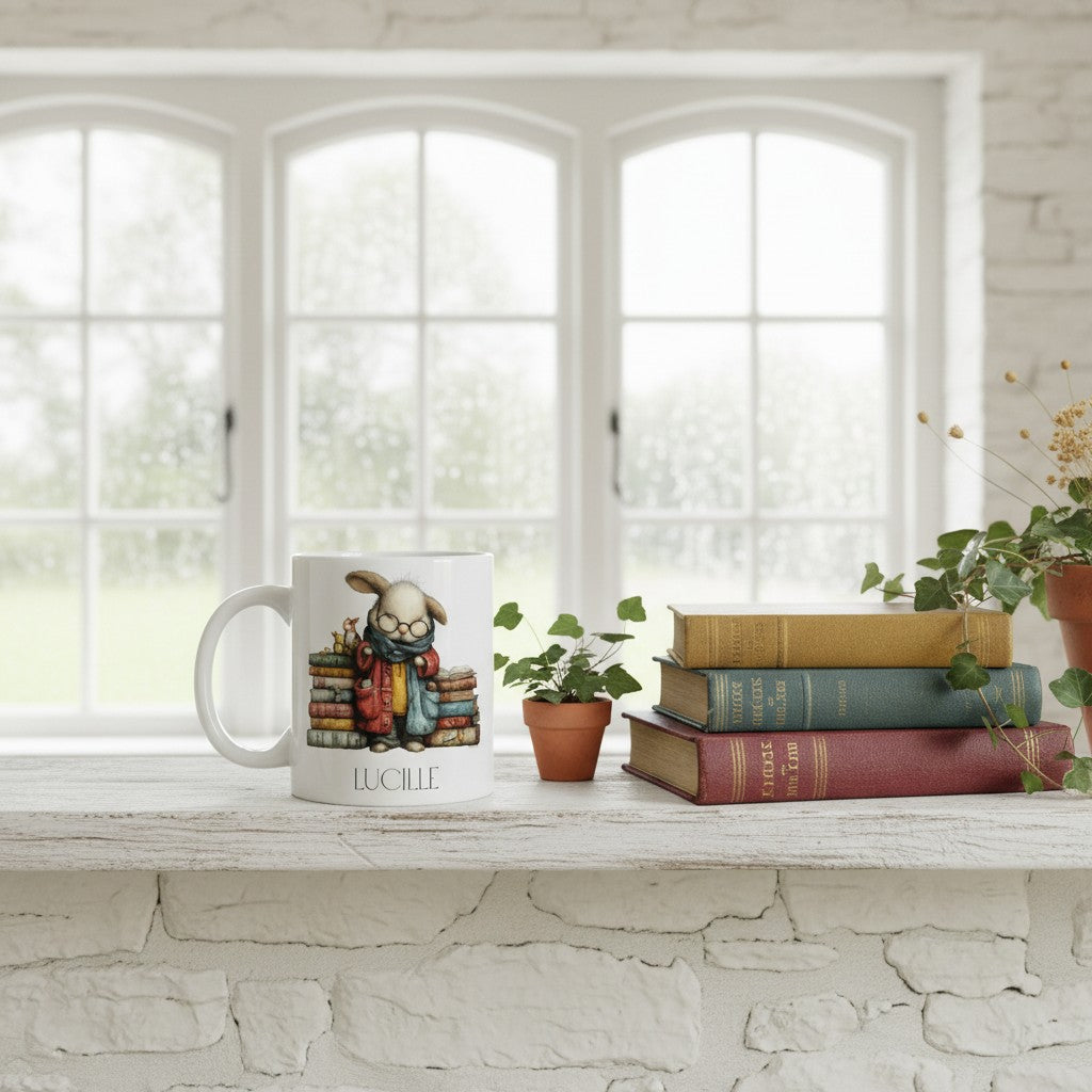 Mug with a rabbit design on a windowsill with books and plants