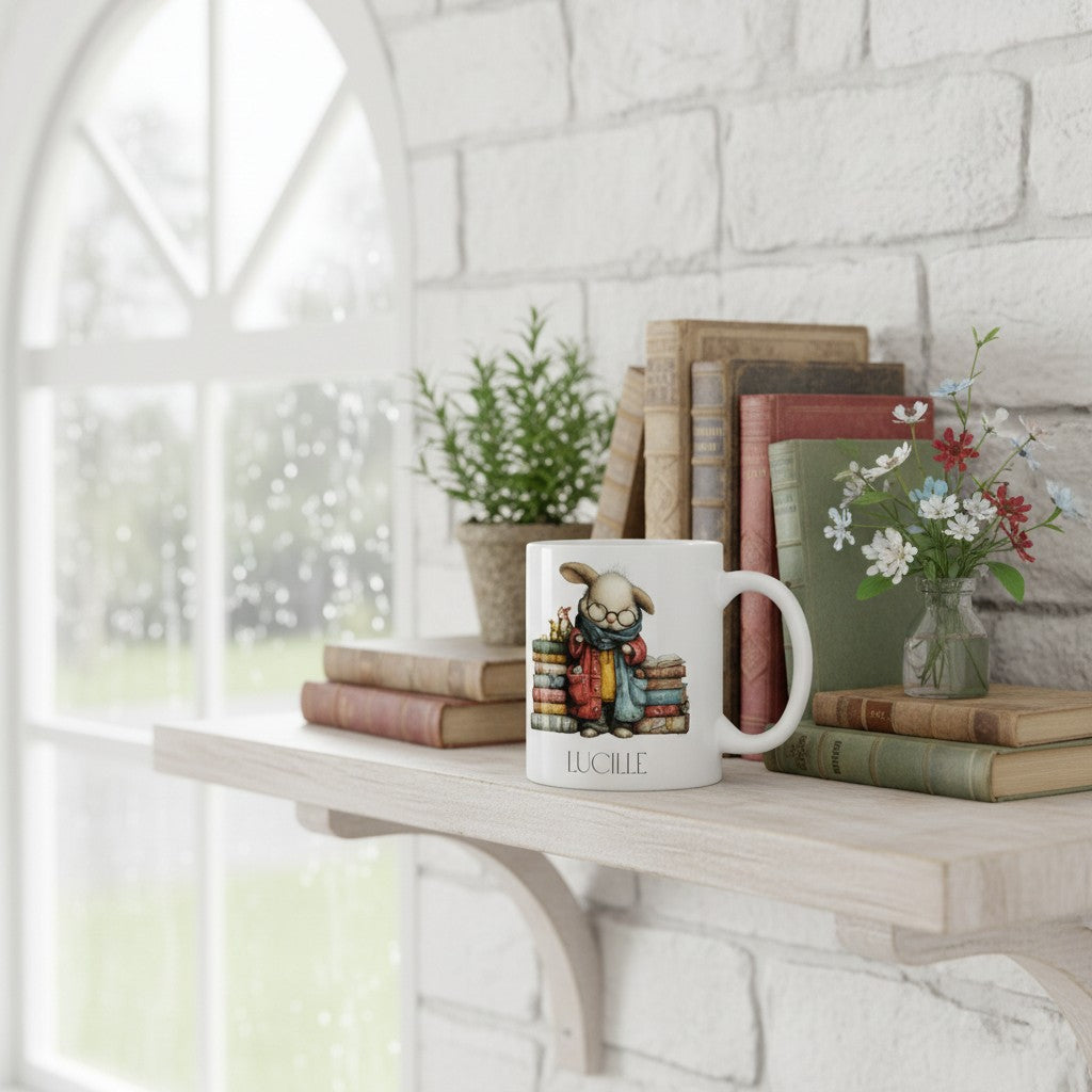 White mug with a rabbit design on a shelf with books and flowers