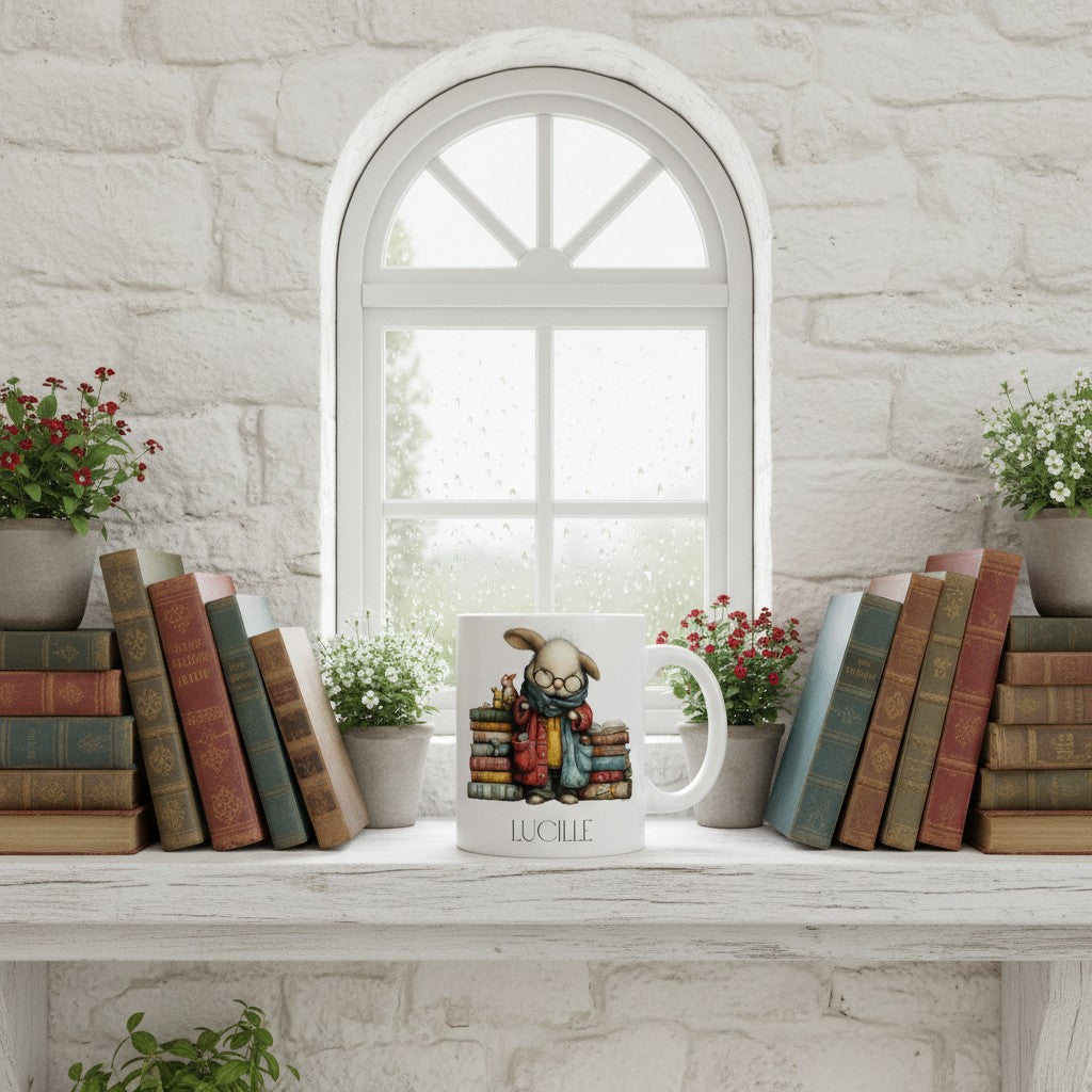 Mug with a rabbit design on a shelf with books and plants against a stone wall.