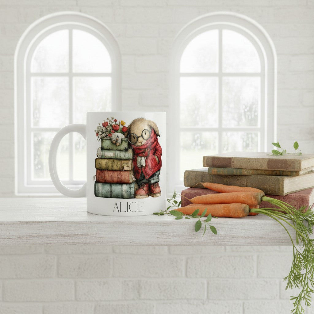 Mug with bookish rabbit and 'Alice' personalisation design on a white surface with books and carrots