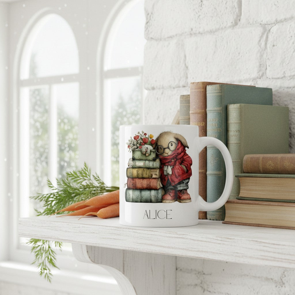 White mug with a bookish rabbit design and 'Alice' text on a shelf with books and carrots.