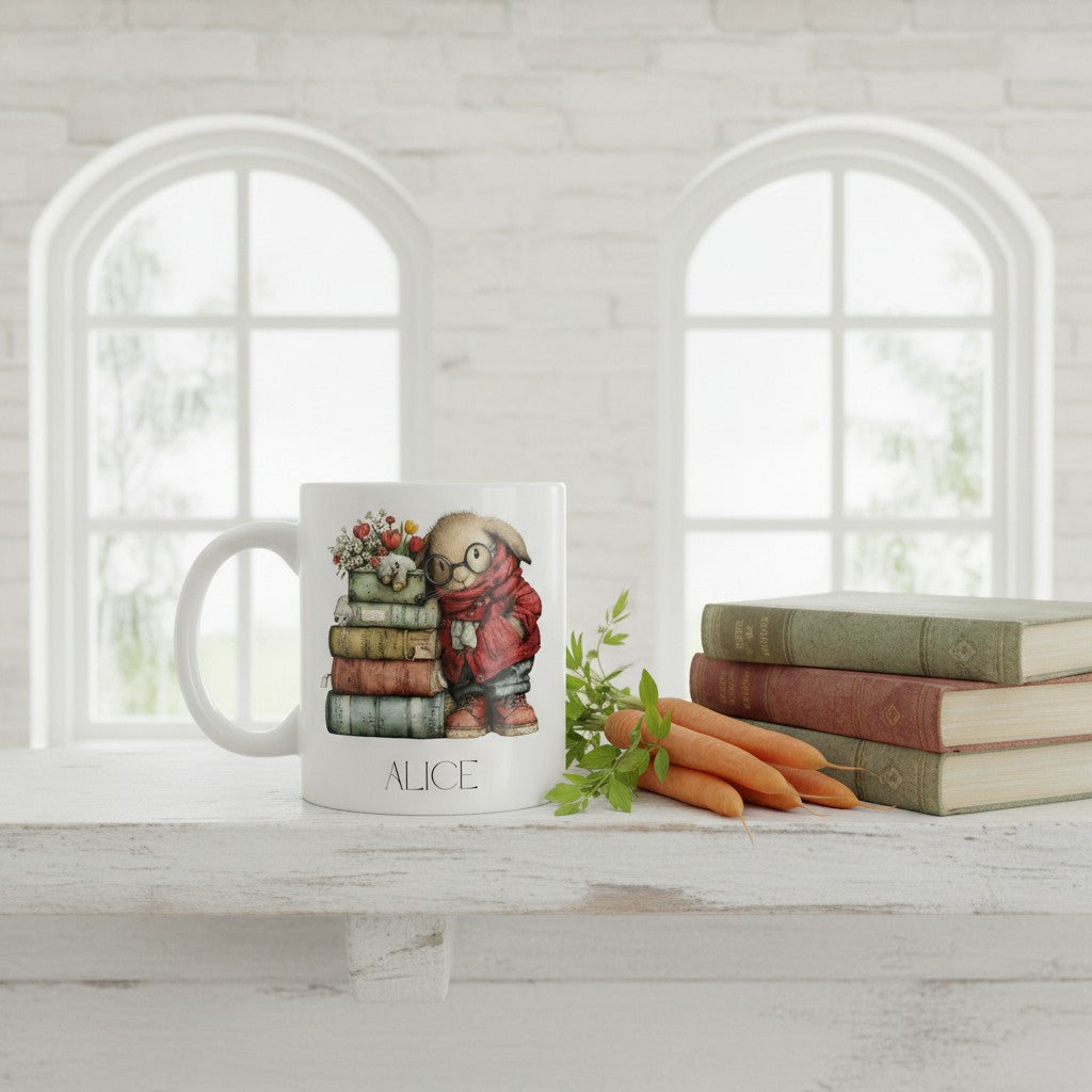 Mug with rabbit design on a table with books and carrots, in a bright room with windows.