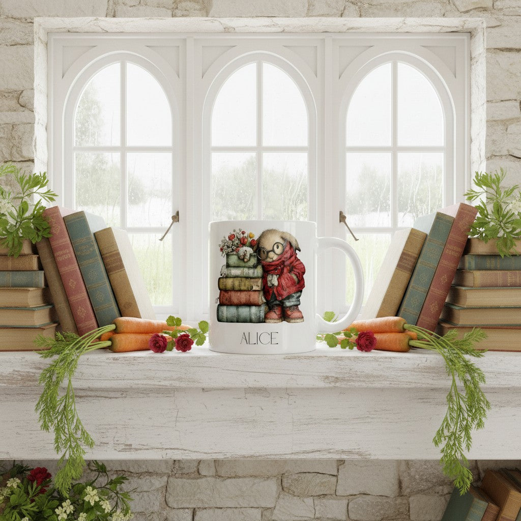 Decorative setup with bookish rabbit mug,  books, carrots and plants on a windowsill.