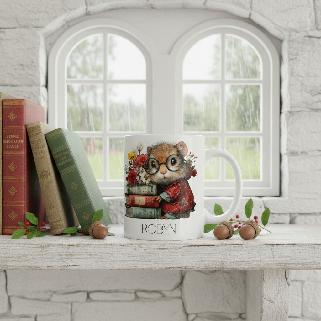 Ceramic mug with a design of a squirrel wearing glasses and a coat, sitting on a windowsill with books.