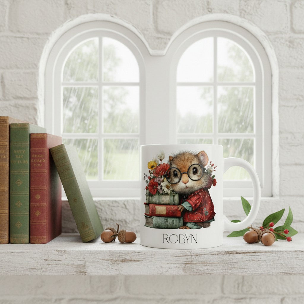 Mug with a squirrel design and 'Robyn' branding on a windowsill with books and acorns.