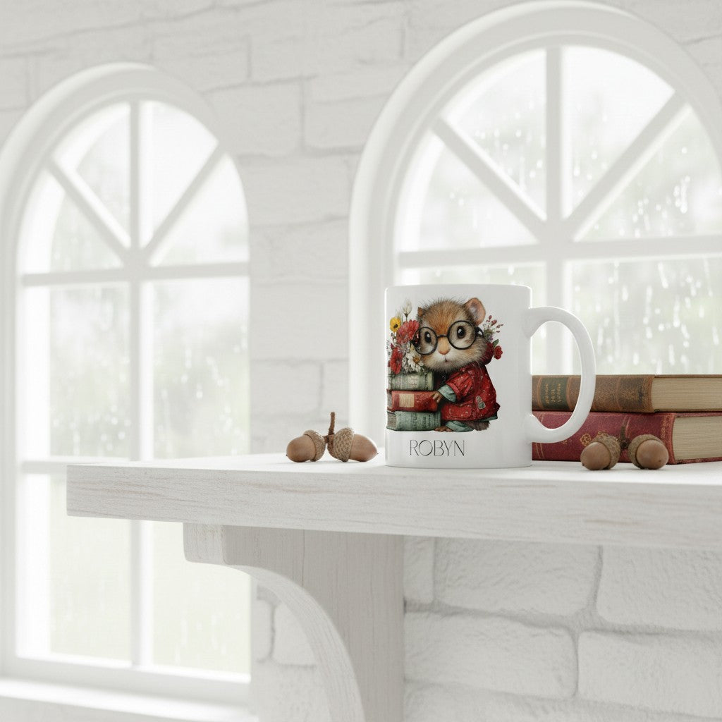 Mug with a squirrel design on a white shelf against a white brick wall.