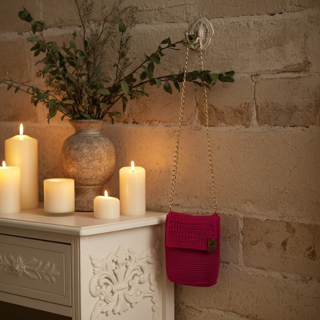 Pink knitted bag hanging on a brick wall with candles and a vase in the background