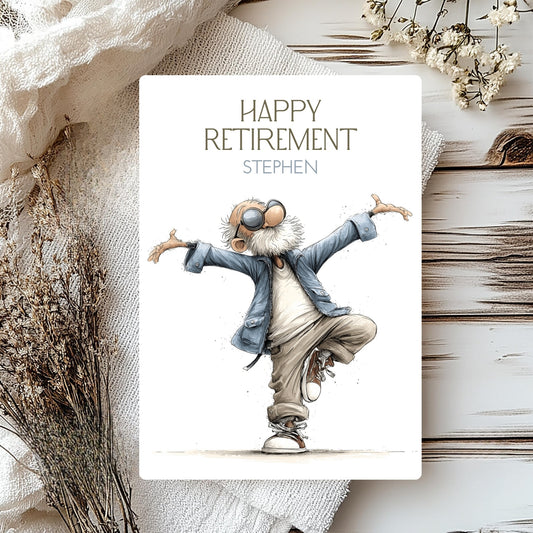 Happy Retirement card with a character design on a textured surface with flowers.