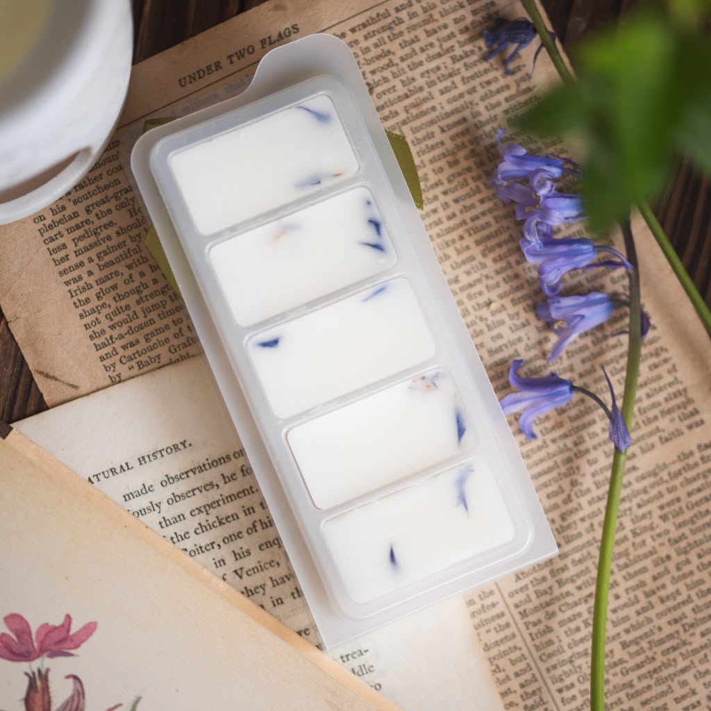White wax melts with blue flowers in a mold on an open book with a plant.