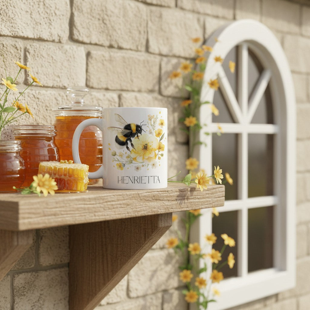 Mug with bee design and honey on a stone shelf with flowers and a window.