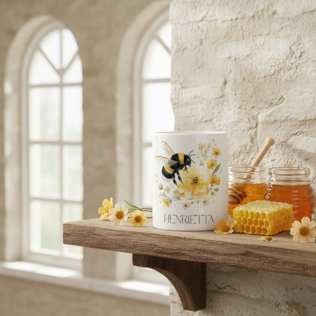 Ceramic mug with bee design on a wooden shelf with honeycomb and jars in a bright room.