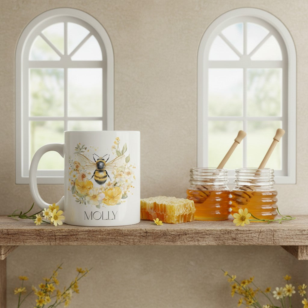 Mug with bee design and 'Molly' text on a wooden surface with honey and flowers.