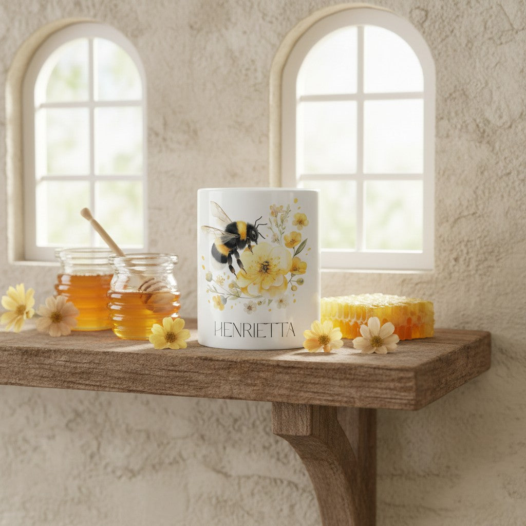 Mug with bee and floral design on a wooden shelf with honey jars and flowers.