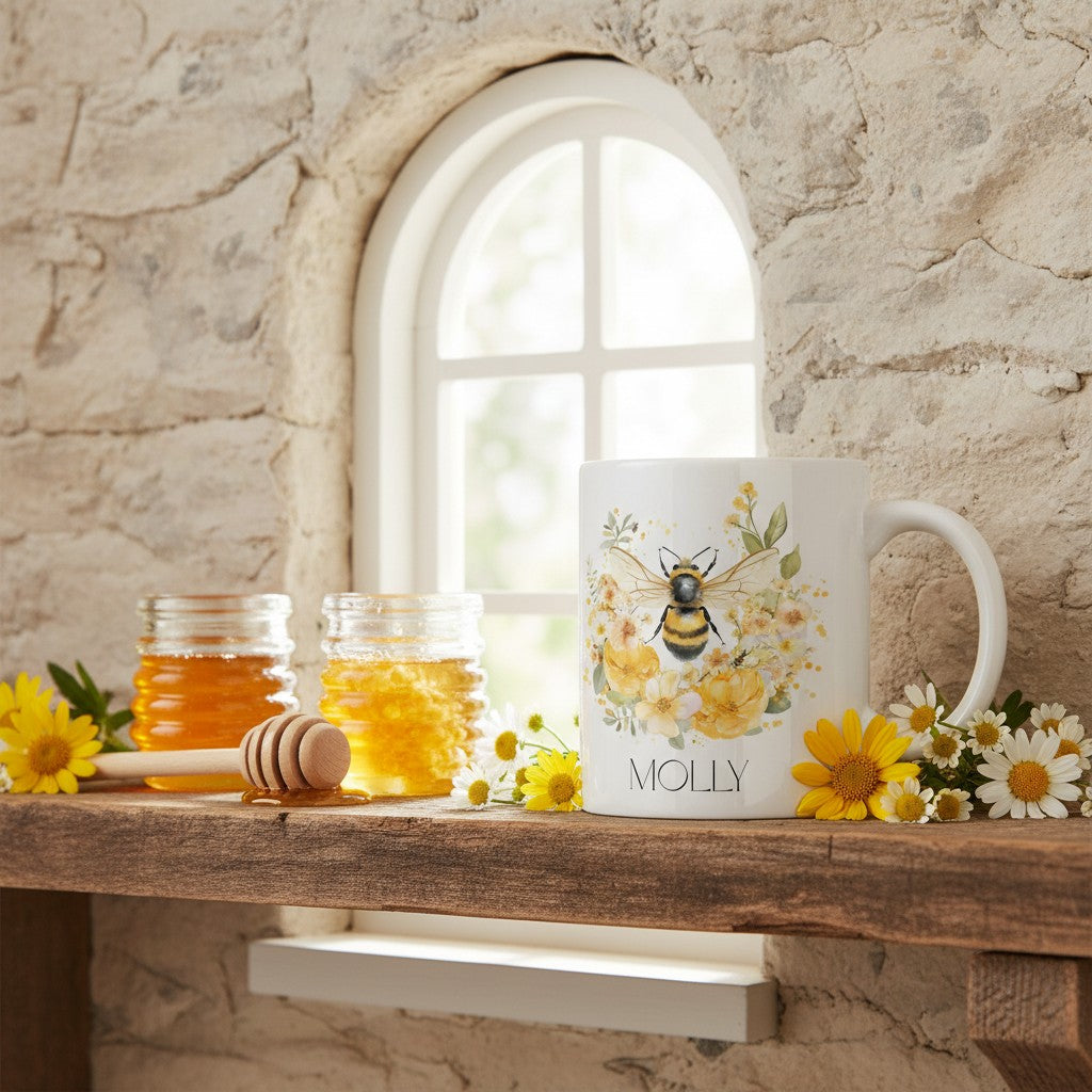 Mug with bee design and floral elements on a wooden surface with honey and flowers.