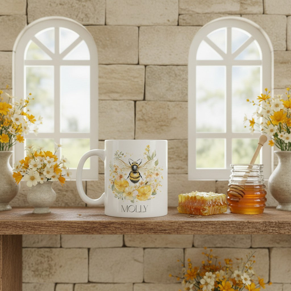Mug with bee design and 'MOLLY' text on a wooden table with flowers and honeycomb.