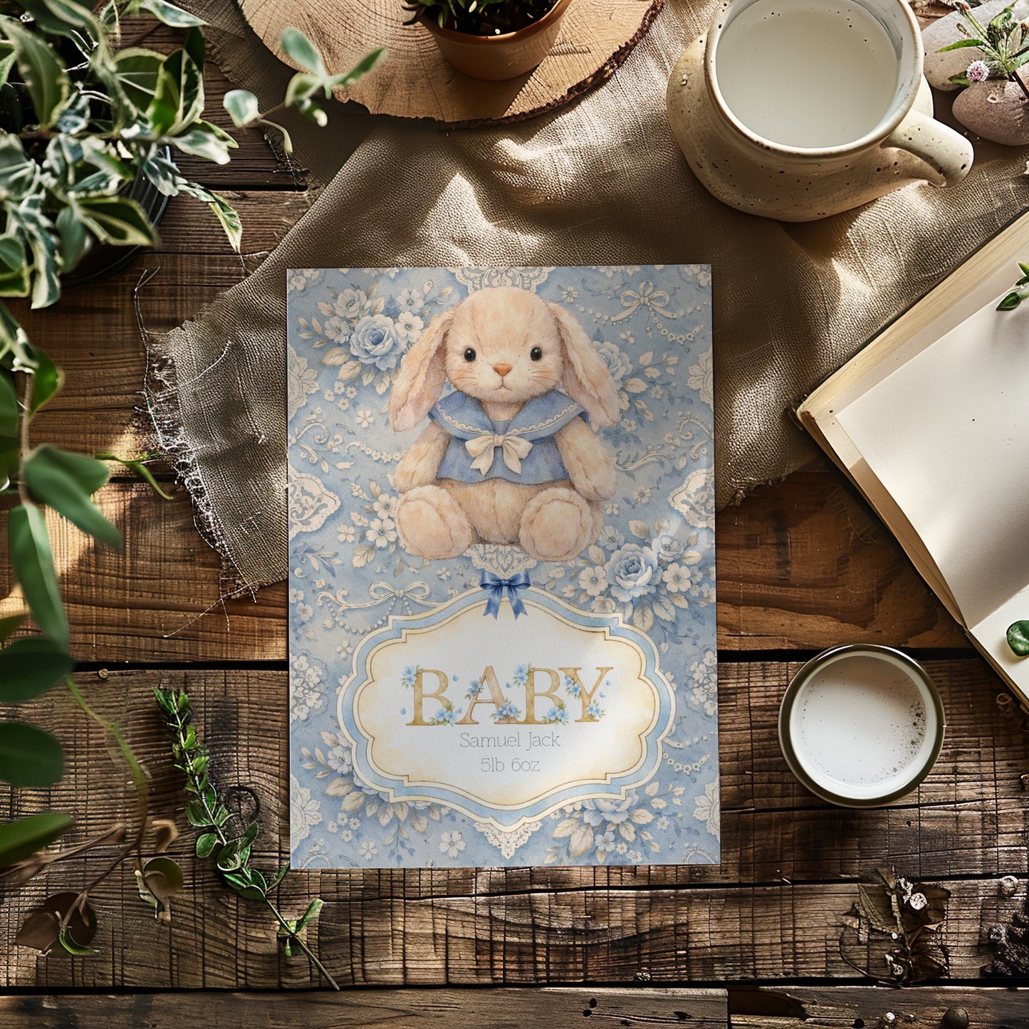 Baby shower invitation with a bunny design on a wooden table with plants and teacups.